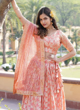 Peach Colour Party Wear Lehenga Choli in Viscose Jacquard